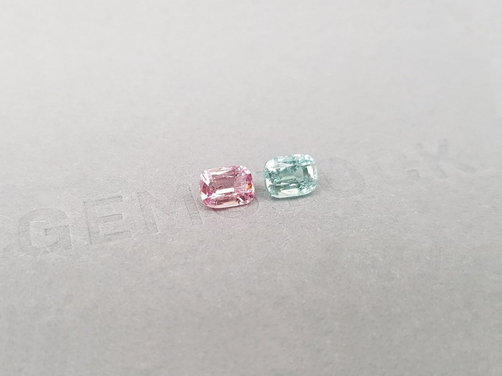 Contrasting pair of pink and mint tourmalines in cushion cut 1.26 ct Image №2
