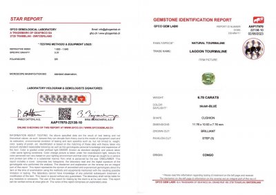 Certificate Cushion cut Lagoon tourmaline 6.78 ct, Congo