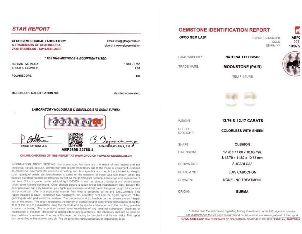 Certificate Pair of moonstones from Burma in sugarloaf cut 24.93 ct