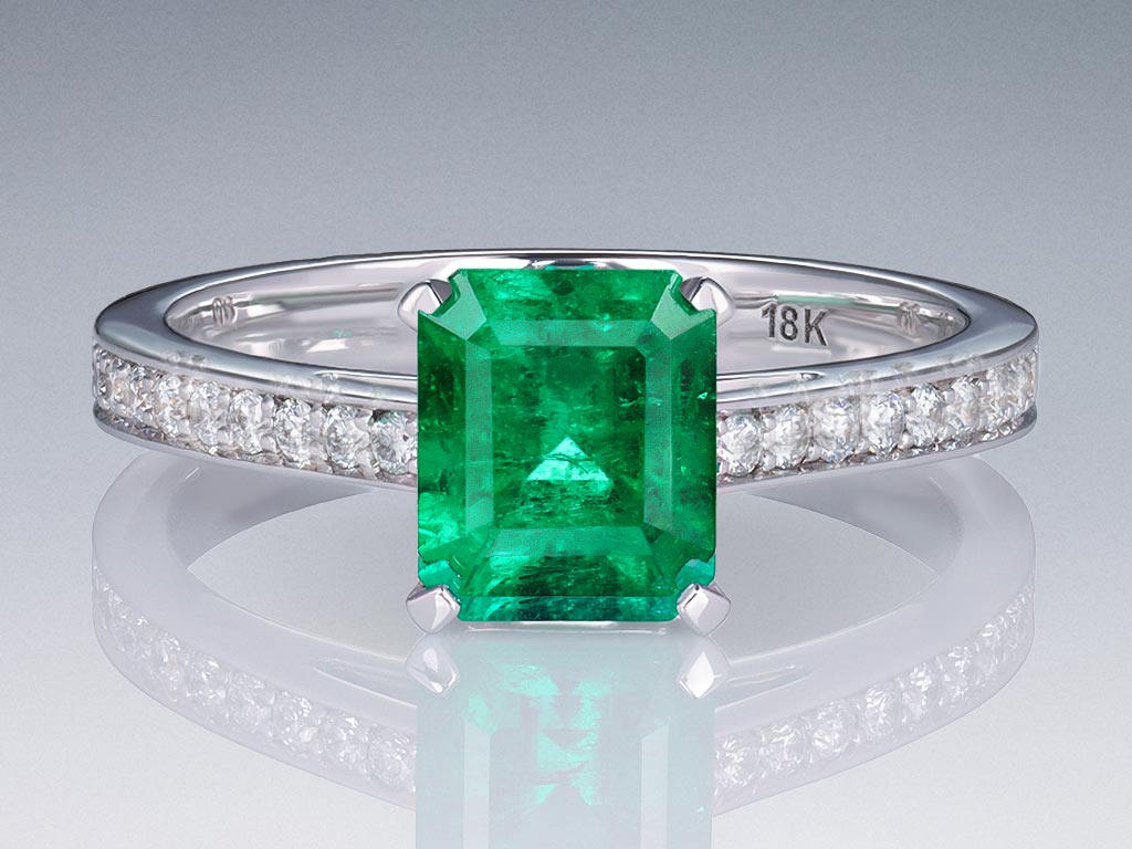 Ring with Muzo Green emerald 1.21 ct and diamonds in 18K white gold Image №1