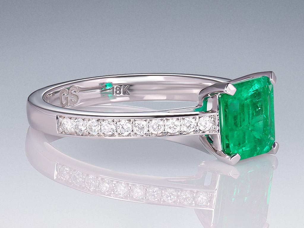 Ring with Muzo Green emerald 1.21 ct and diamonds in 18K white gold Image №2
