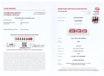 Certificate Satz Spinelle im Kissenschliff 3,58 Karat, Tansania