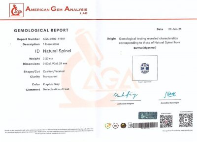 Certificate Espinela violeta grisácea talla cojín de 3,20 carats, Birmania