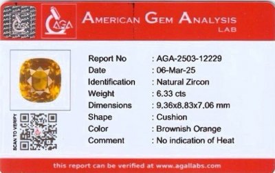 Certificate Brown orange zircon cushion cut 6.33 carats, Africa