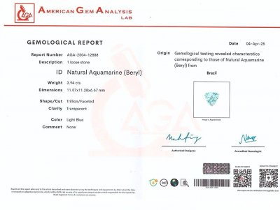 Certificate Aquamarin im trillionschliff 3,94 karats, Brazil