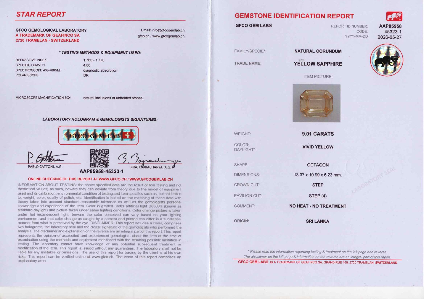 Saphir jaune vif non chauffé de 9,01 carats, taille octogonale, Sri Lanka Image №6