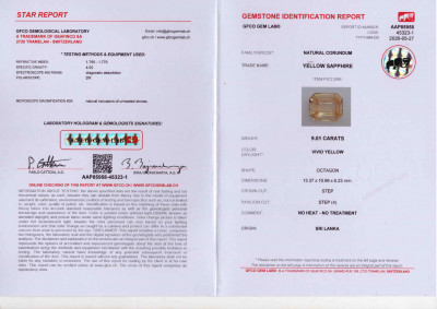 Certificate Saphir jaune vif non chauffé de 9,01 carats, taille octogonale, Sri Lanka