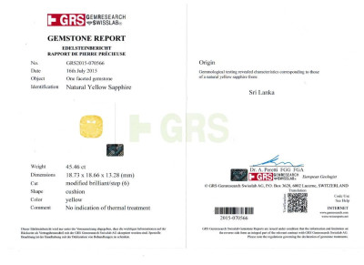 Certificate Unbehandelter gelber saphir im cushion schliff 45,46 karat, Sri Lanka