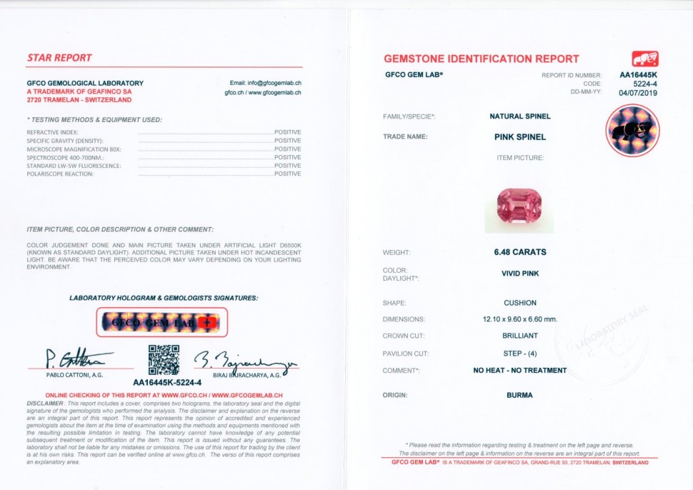 Certificate Cushion-cut Burmese spinel Mansin 6.48 ct