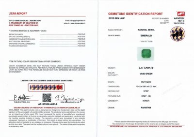 Certificate Emerald Vivid Green 3.77 ct, Pakistan, GFCO