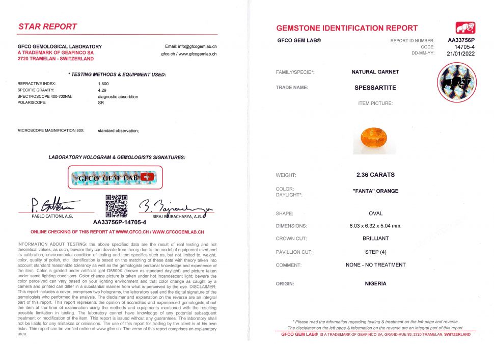 Certificate Spessartine color Fanta oval cut 2.36 ct, Nigeria