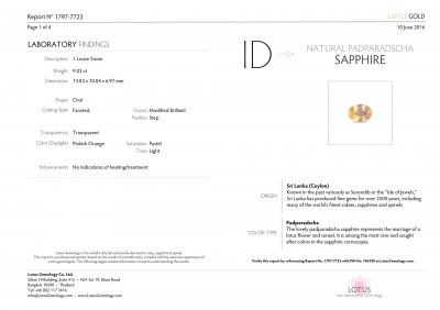 Certificate Saphir padparadscha taille ovale non chauffé 9,03 ct, Sri Lanka, Lotus