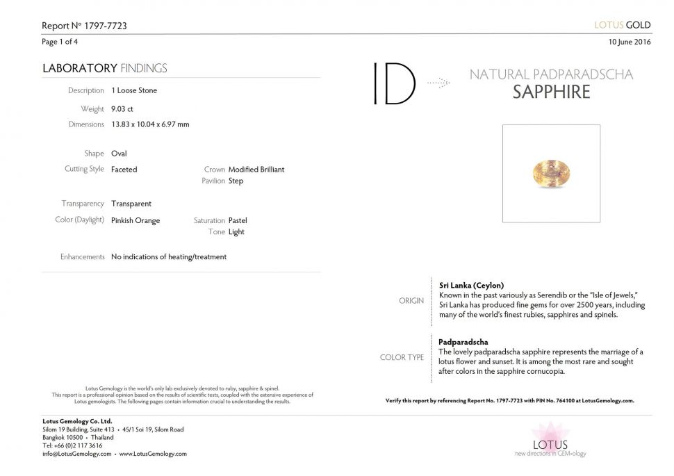 Certificate Unheated oval-cut padparadscha sapphire 9.03 ct, Sri Lanka, Lotus