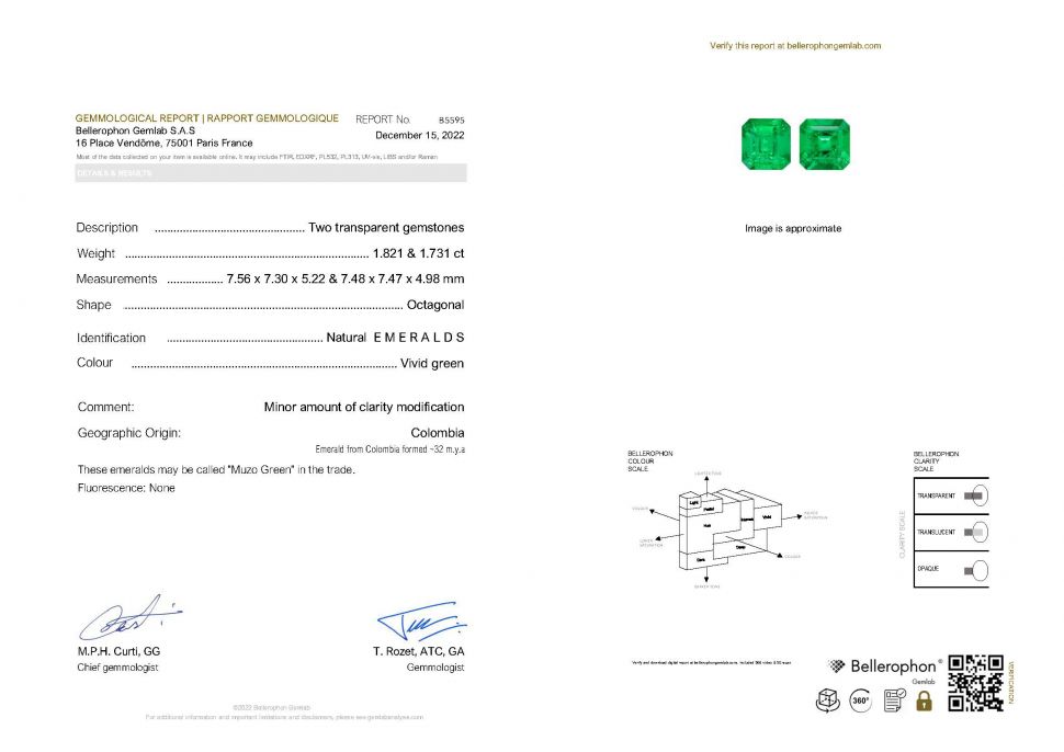 Certificate Pair of vibrant Muzo Green octagon-cut emeralds 3.55 ct, Colombia