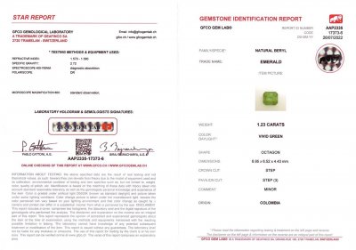 Certificate Colombian Vivid Green Emerald octagon shape 1.23 ct