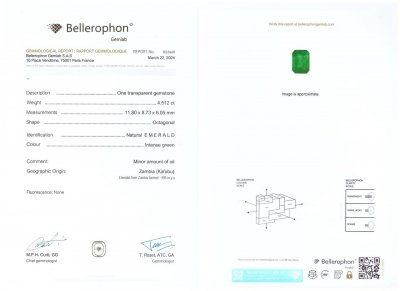 Certificate Hellgrüner Smaragd 4,51 Karat, Achteckschliff, Sambia