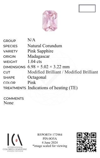 Zafiro rosa pálido (Baby Pink) talla radiante 1,04 quilates, Madagascar Image №6