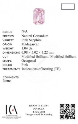 Certificate Zafiro rosa pálido (Baby Pink) talla radiante 1,04 quilates, Madagascar