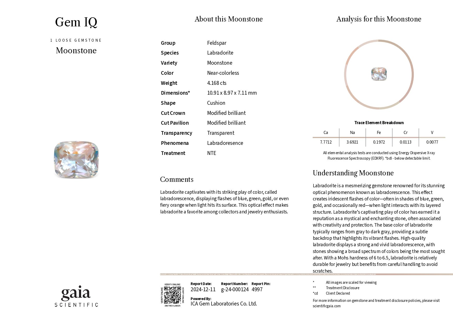 Piedra lunar arcoíris talla cojín facetada 4,17 quilates, Madagascar Image №6