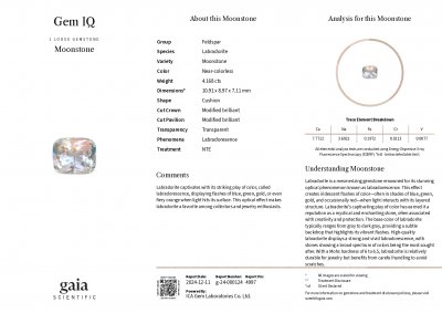 Certificate Piedra lunar arcoíris talla cojín facetada 4,17 quilates, Madagascar