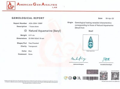 Certificate Aquamarin im birnenschliff 8,91 karat, Brazil