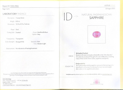 Certificate Unbehandelter Padparadscha saphir im oval schliff 8,25 karat, Sri Lanka 