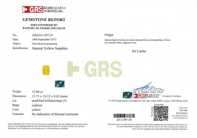 Certificate Unheated yellow sapphire 12.96 ct, Sri Lanka, GRS