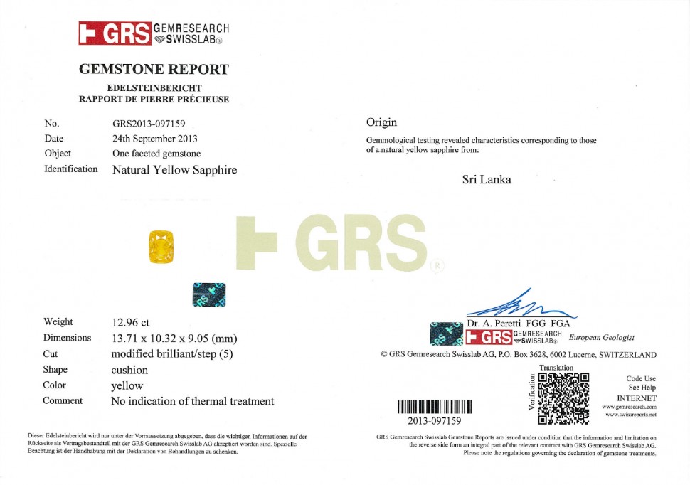 Certificate Unheated yellow sapphire 12.96 ct, Sri Lanka, GRS