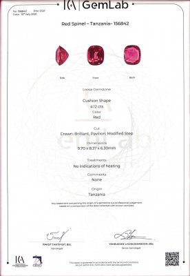 Certificate Unique pink-red spinel Mahenge 4.12 carats, GRS brilliancy-type Vibrant, ICA Book