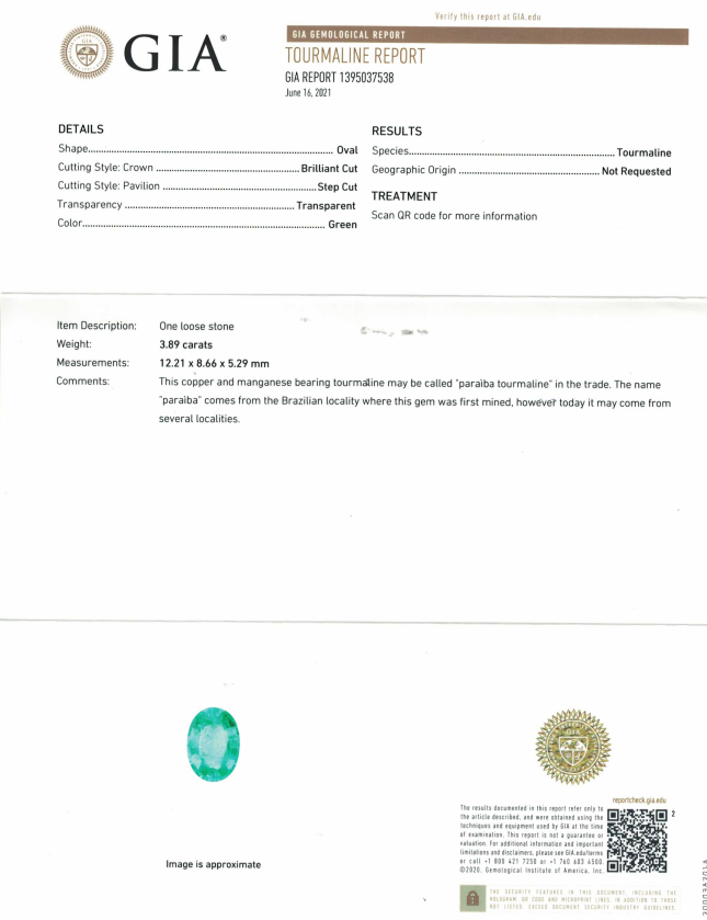 Certificate Paraiba tourmaline, oval cut 3.89 ct
