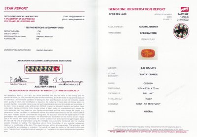 Certificate Cushion cut fanta spessartine 3.28 ct, Nigeria