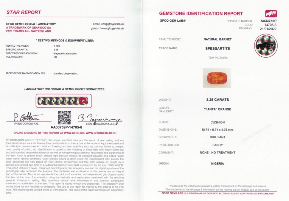 Certificate Cushion-cut fanta spessartine 3.28 ct, Nigeria