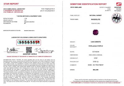Certificate Rare octagon-cut rhodolite garnet 3.46 ct, Malawi
