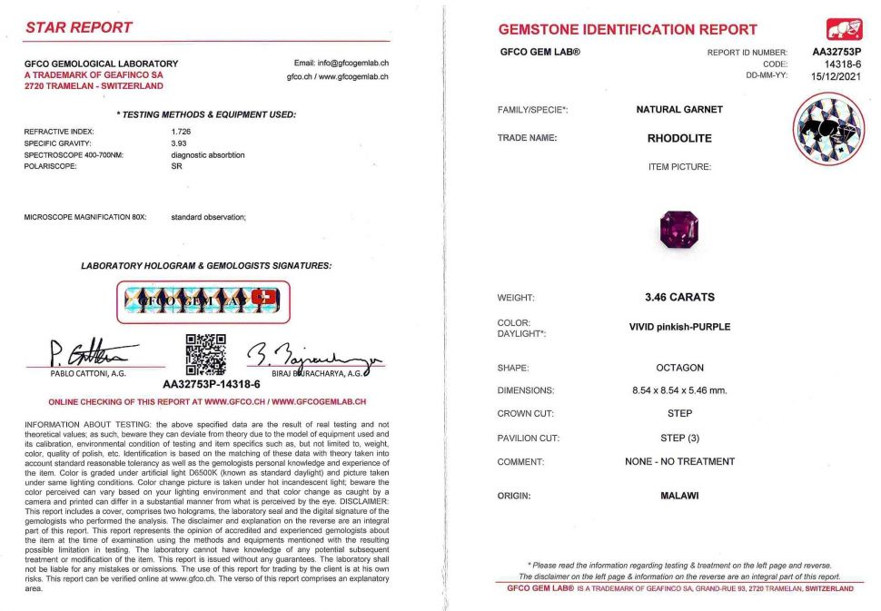 Certificate Octagon umbalite garnet 3.46 ct, Malawi