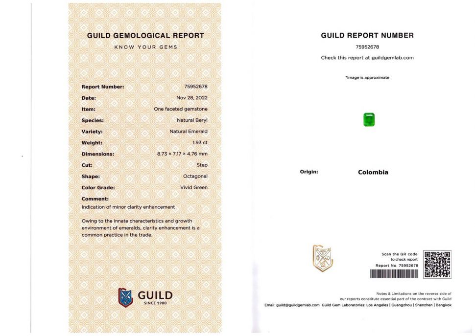Certificate Colombian emerald 1.93 ct Vivid Green