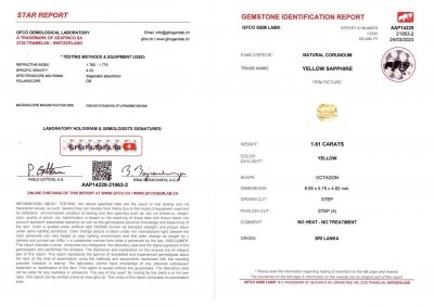 Certificate Unheated octagon shape yellow sapphire 1.61 ct, Sri Lanka