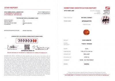 Certificate Spessartine taille ovale 2,03 carats, Afrique