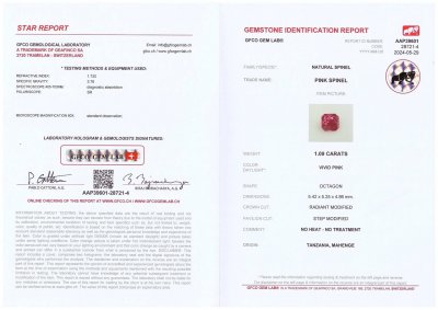 Certificate Spinelle Mahenge rouge-rose taille radiant 1,09 carats, Tanzanie