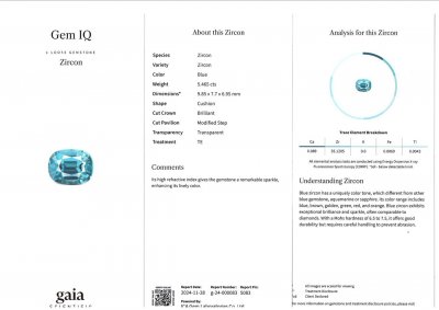 Certificate Cushion-cut blue zircon 5.46 carats, Cambodia 