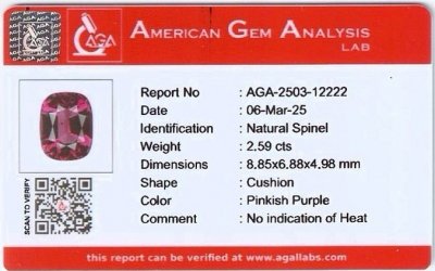 Certificate Spinelle violet taille coussin de 2,59 carats, Tanzanie