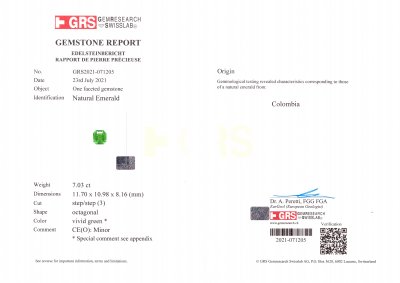 Certificate Émeraude vert vif taille asscher 7,03 carats, Colombie