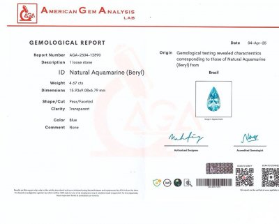 Certificate Aquamarine Santa Maria pear cut 4.67 carats, Brazil