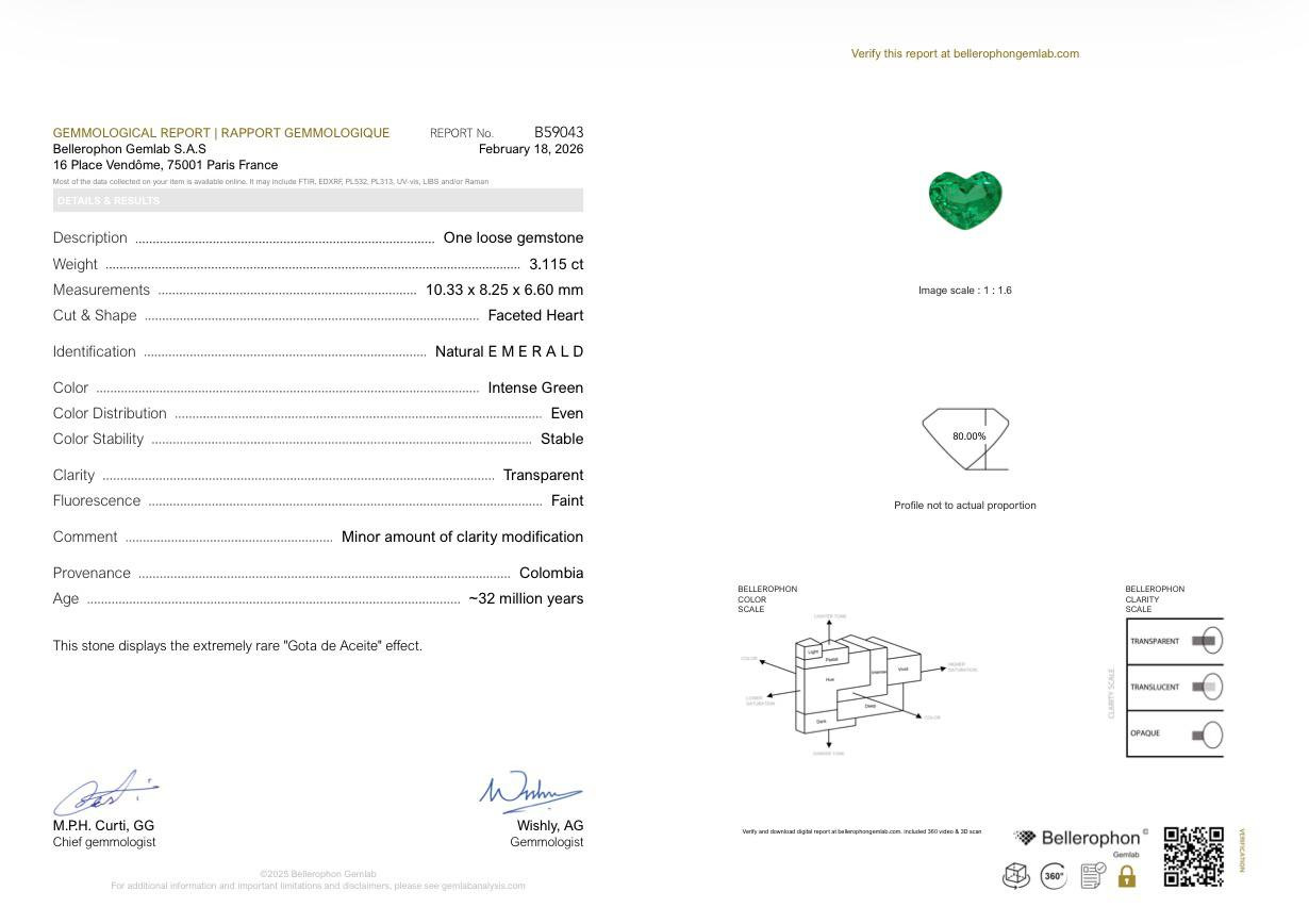 Émeraude verte intense effect Gota de Aceite de 3,11 carats, taille cœur, Colombie Image №6