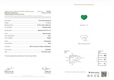 Certificate Émeraude verte intense effect Gota de Aceite de 3,11 carats, taille cœur, Colombie