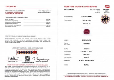 Certificate Espinela roja birmana 2,30 ct, Mogok, GFCO