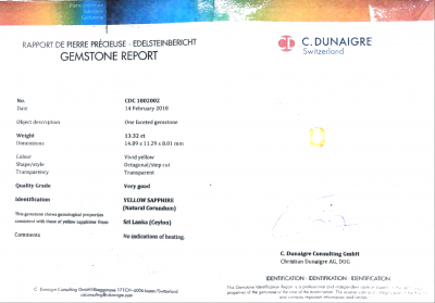 Certificate Saphir jaune vif non chauffé 13,32 carats, Sri Lanka