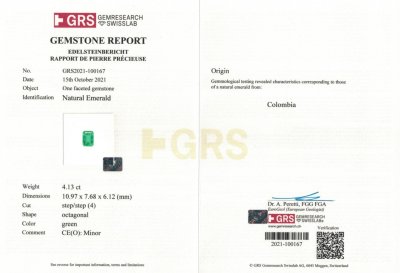 Certificate Kolumbianischer Smaragd, Achteckschliff, 4,13 Karat, GRS
