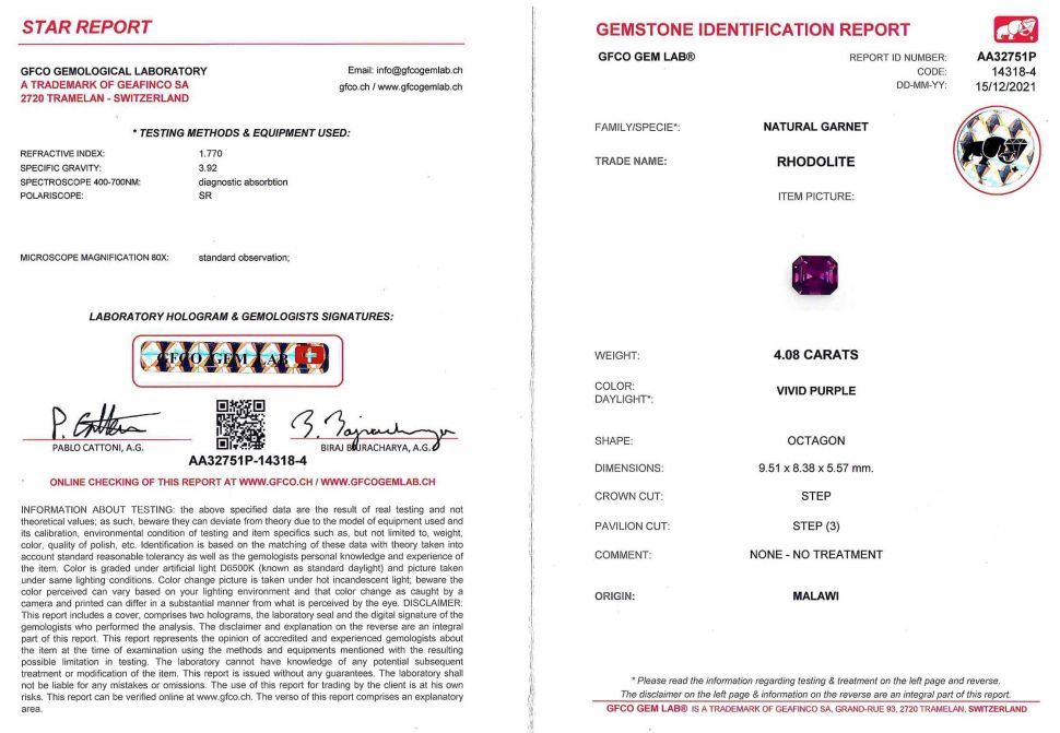 Certificate Rare octagon cut umbalite garnet 4.08 ct, Malawi