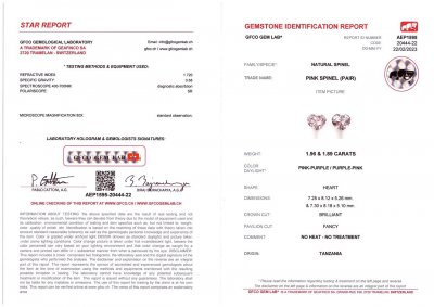 Certificate Pair of pink Tanzanian heart shape spinels 3.85 carats