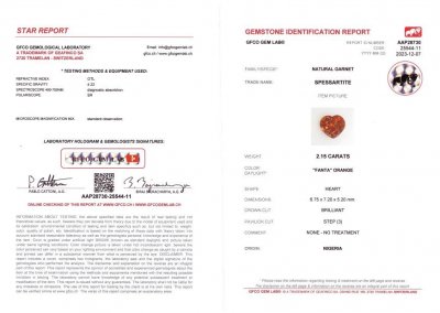 Certificate Coeur spessartine brillant taillé 2,15 carats, Afrique